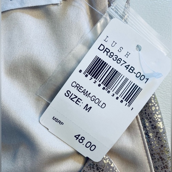 NWT LUSH Shimmery Cream Gold Mini Dress With Spaghetti Straps Size Medium - Picture 8 of 11